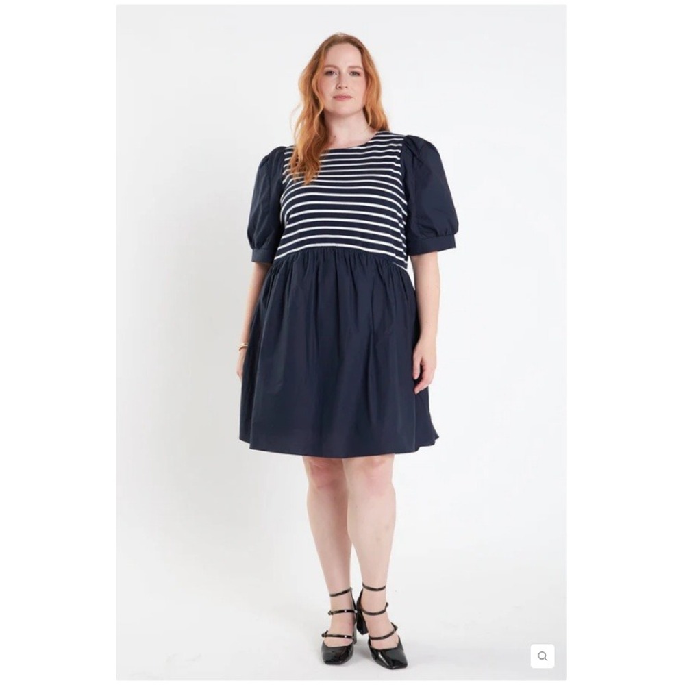 ENGLISH FACTORY Navy White Stripe Puff Sleeve Babydoll Dress Nautical Coastal